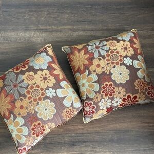 Pier 1 Floral Accent Pillows - Brown, Rust, Gold, Blue/Green, 2 w/Hidden Zipper
